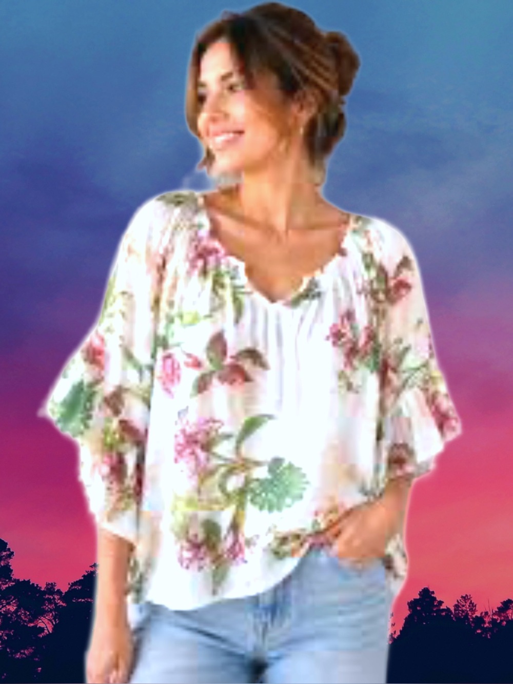 🆕Unique Spectrum Women’s plus-size White & Pink Floral Boho Peasant Blouse🩷🩷3X